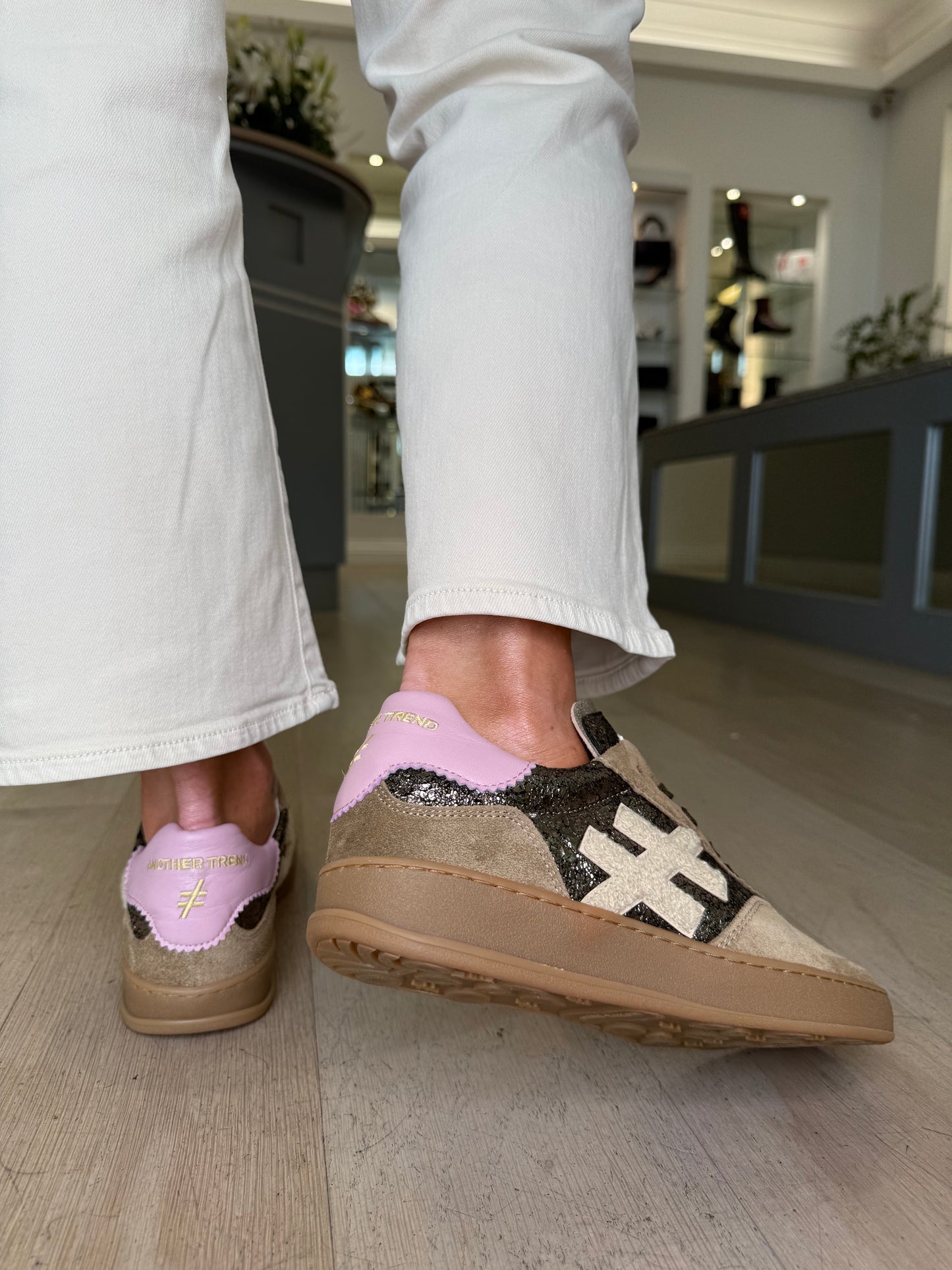 Another Trend -Soft Mocha Suede Trainer With Bronze Inset & Pink Trim