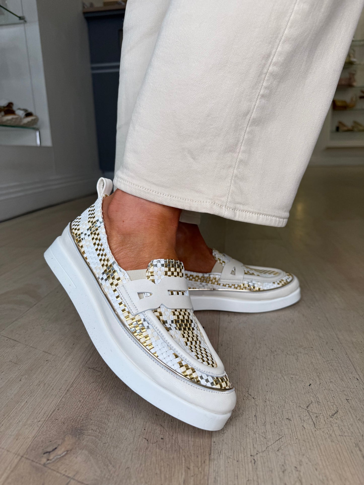 XSA - Cream, Gold And Silver Mix Woven Leather Slip On Loafer