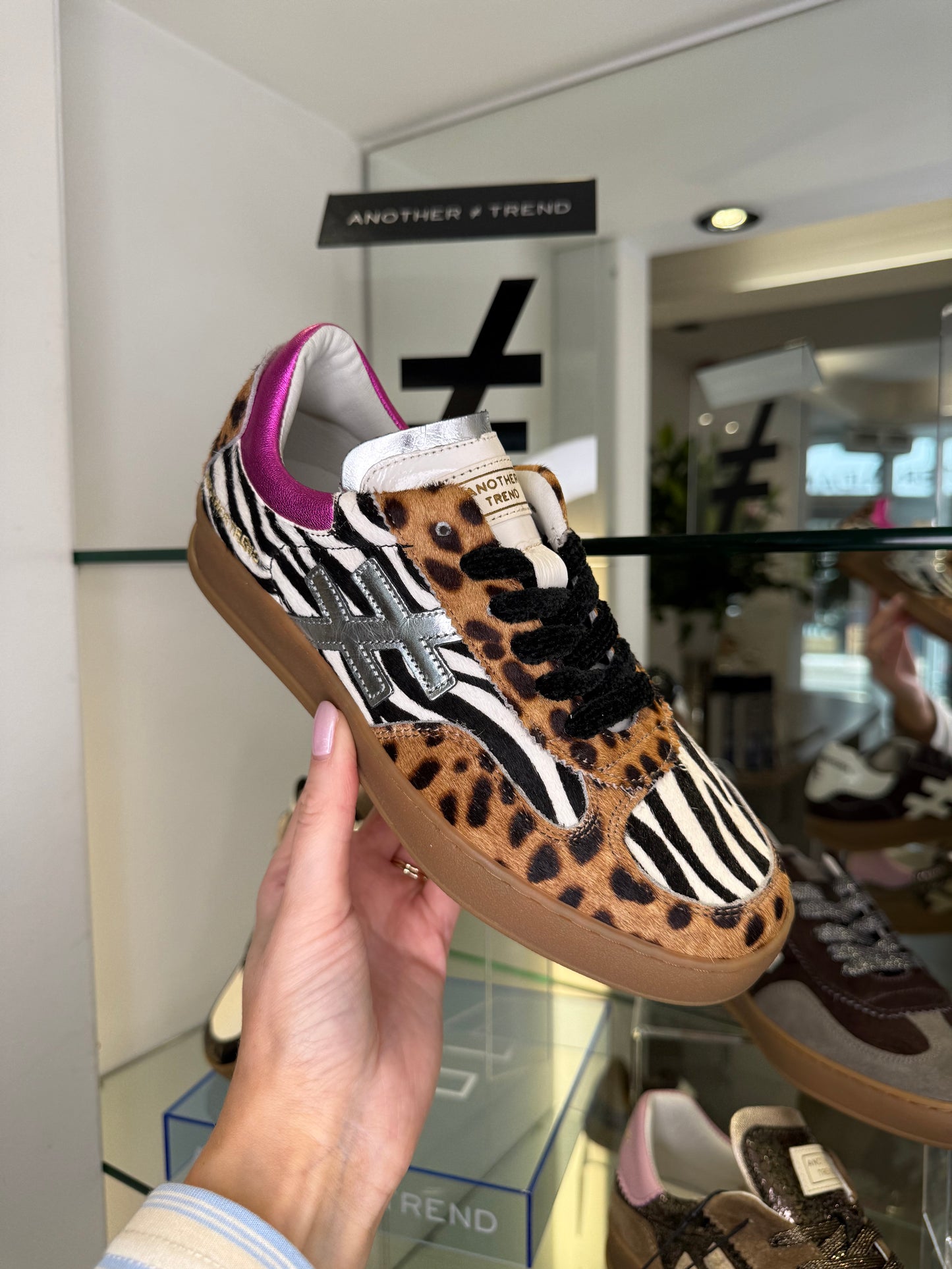 Another Trend -Multi Mix Animal Print Trainer With Hot Pink Trim