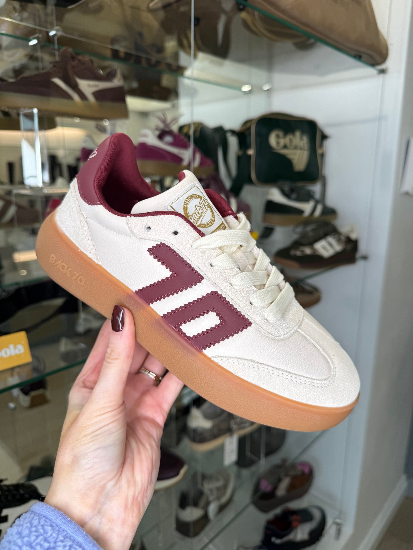 Back 70 - Cream Leather & Suede Mix Trainer With Wine Trim
