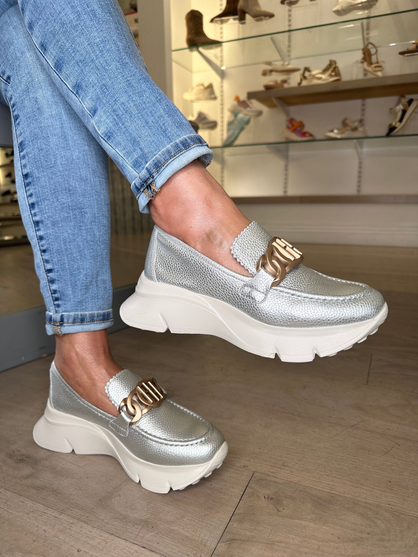 Hispanitas - Soft Silver Slip On Sporty Shoe With Antique Gold Chain Trim