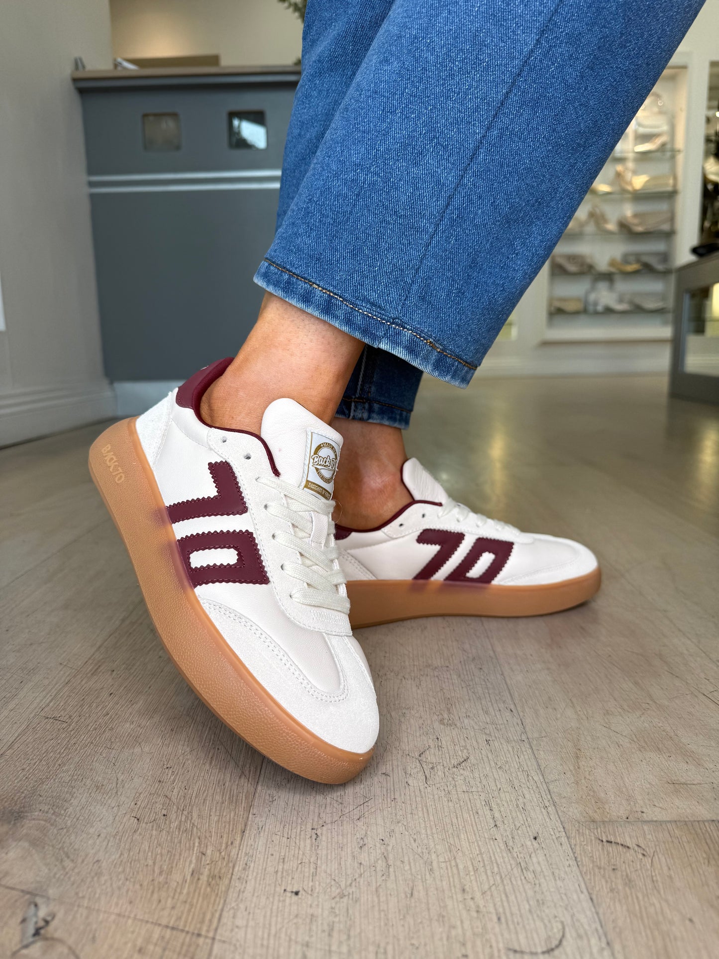 Back 70 - Cream Leather & Suede Mix Trainer With Wine Trim