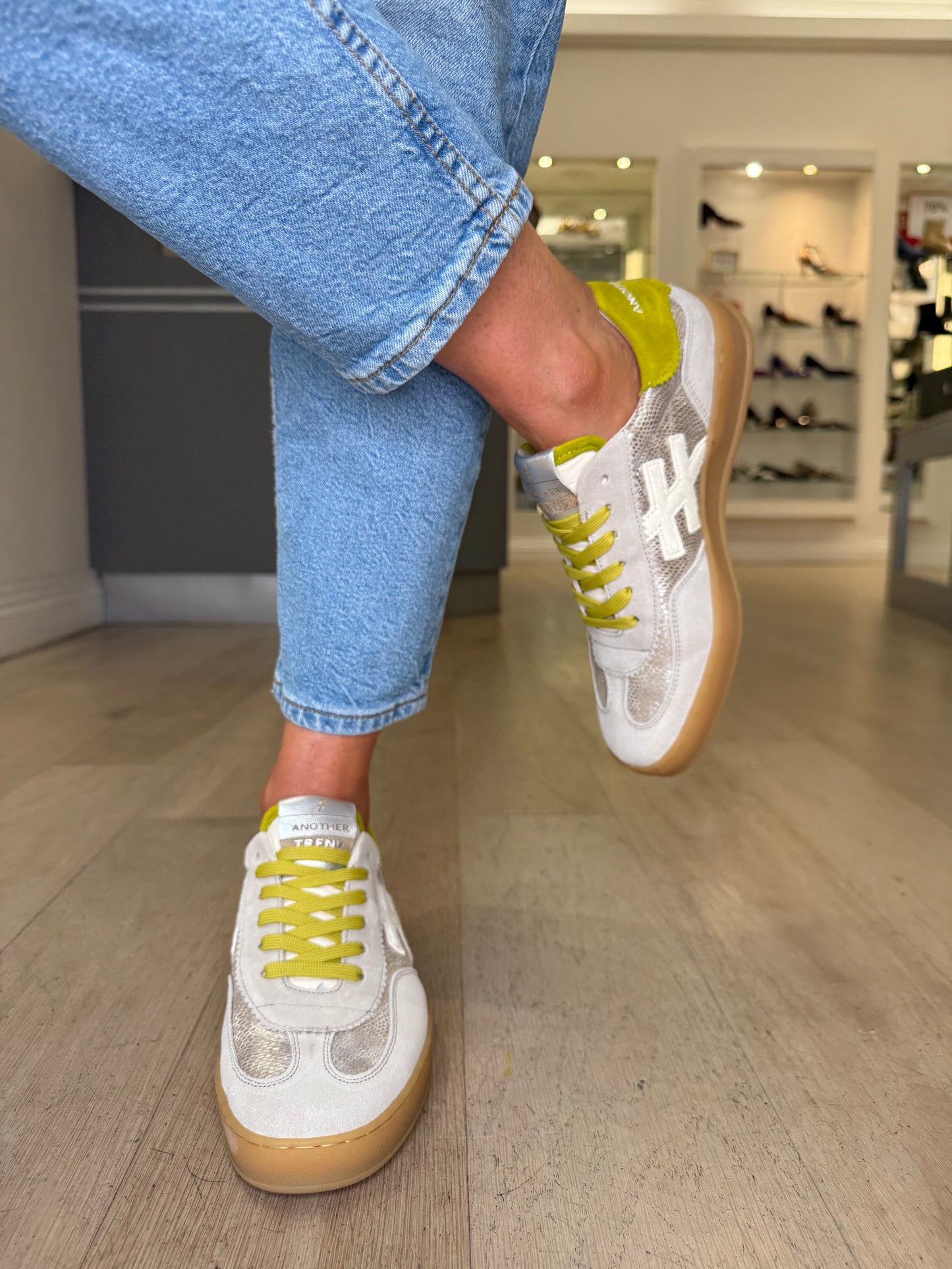 Another Trend - Stone Grey Suede Trainer With Silver Snake Print Shimmer & Lime Suede Trim