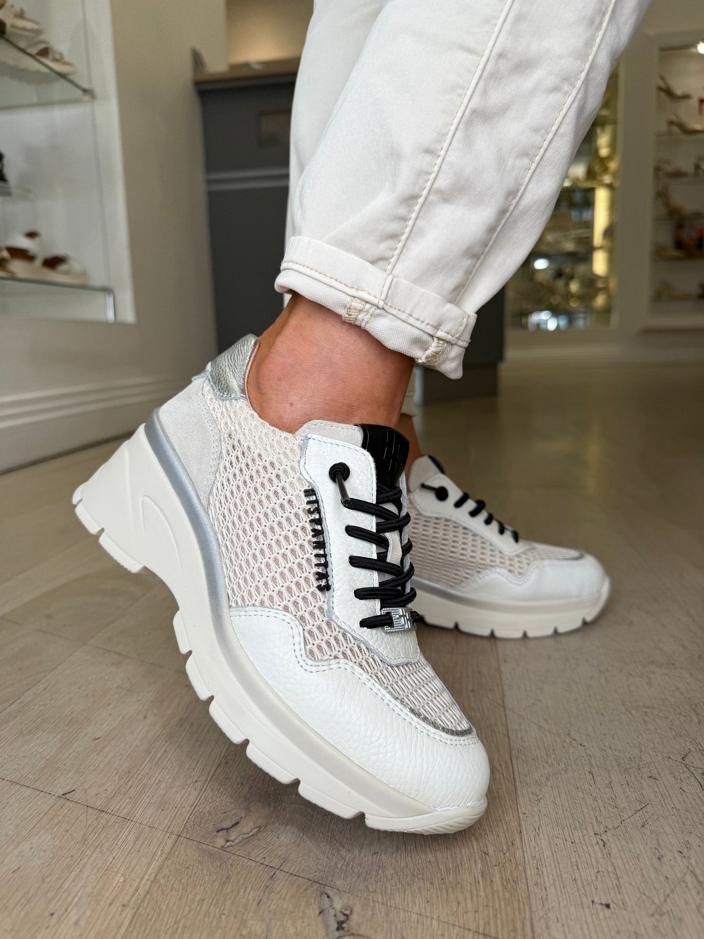 Hispanitas - White Leather Trainer With Black Lace & Silver Trim