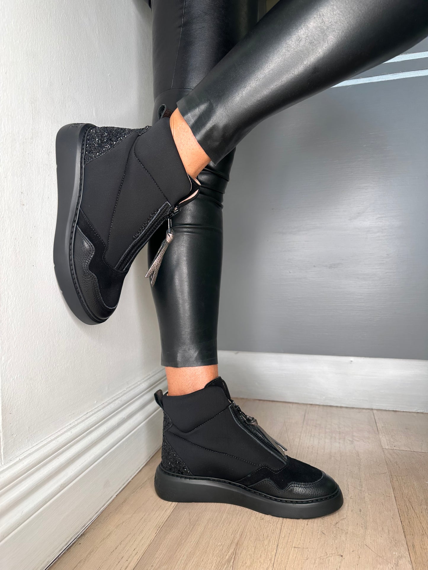 Hispanitas - Black Fabric/Suede Glitter Trim Sporty Boot