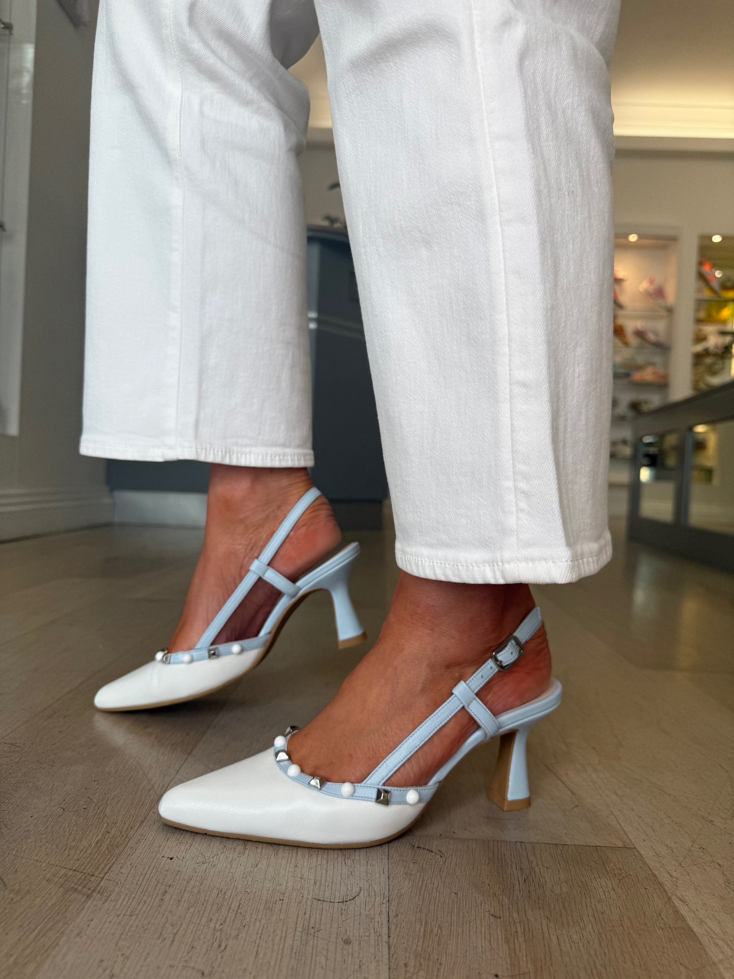 Lodi - White/ Blue Slingback Court Shoe With Pearl & Silver Stud Trim