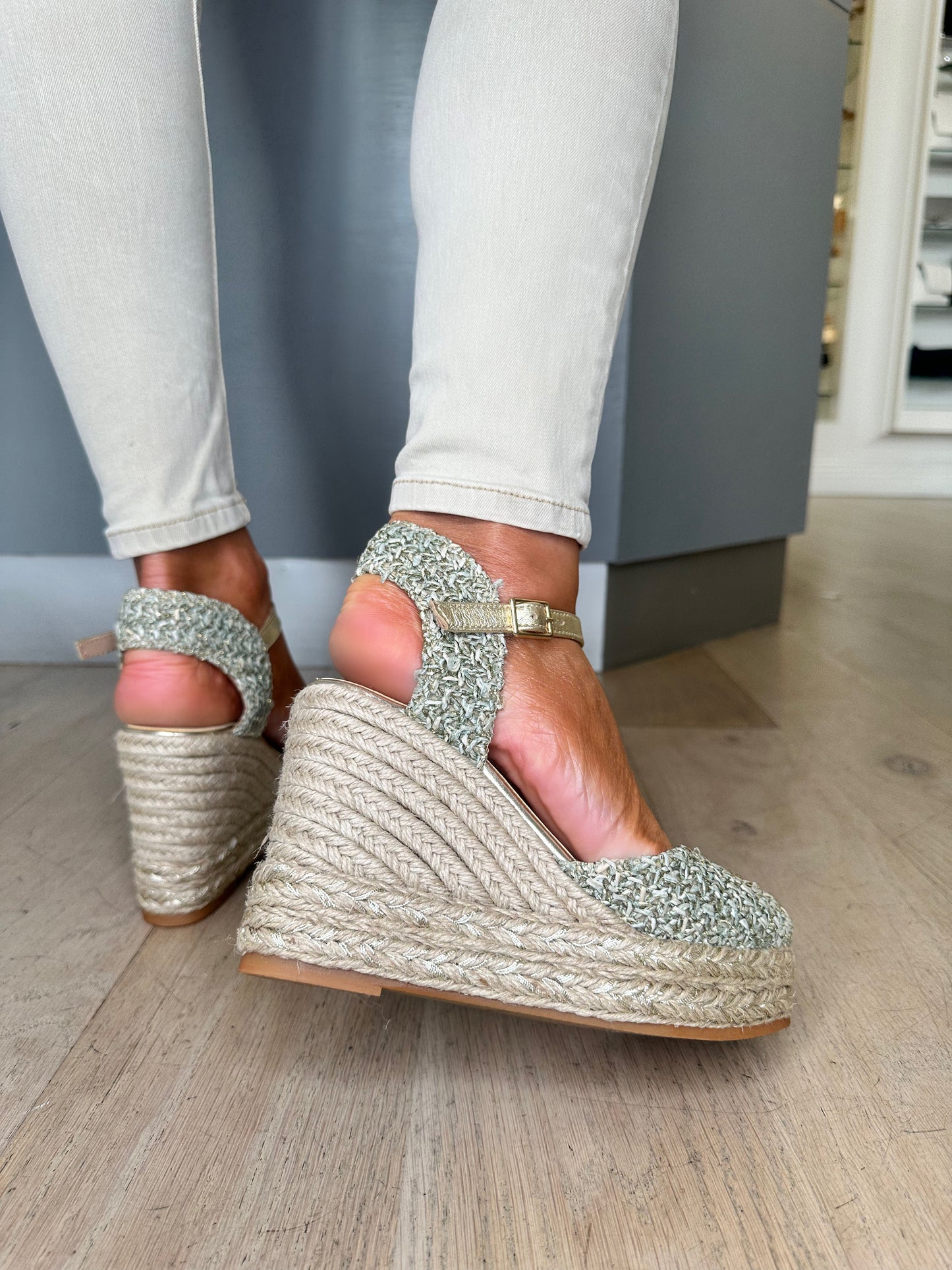 Gaimo - Khaki Tweed Mix Espadrille Wedge With Gold Trim