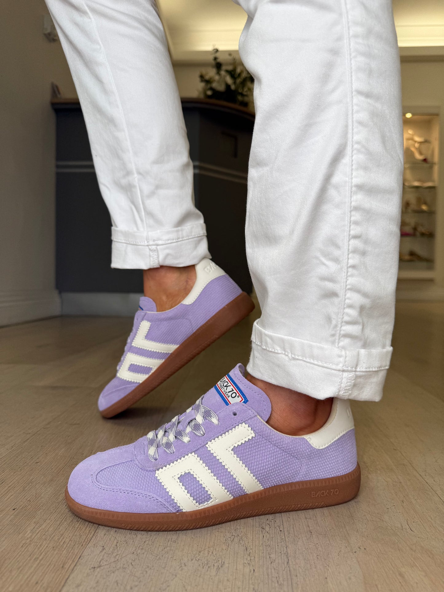 Back 70 -Lavender Suede Trainer With White Leather Trim