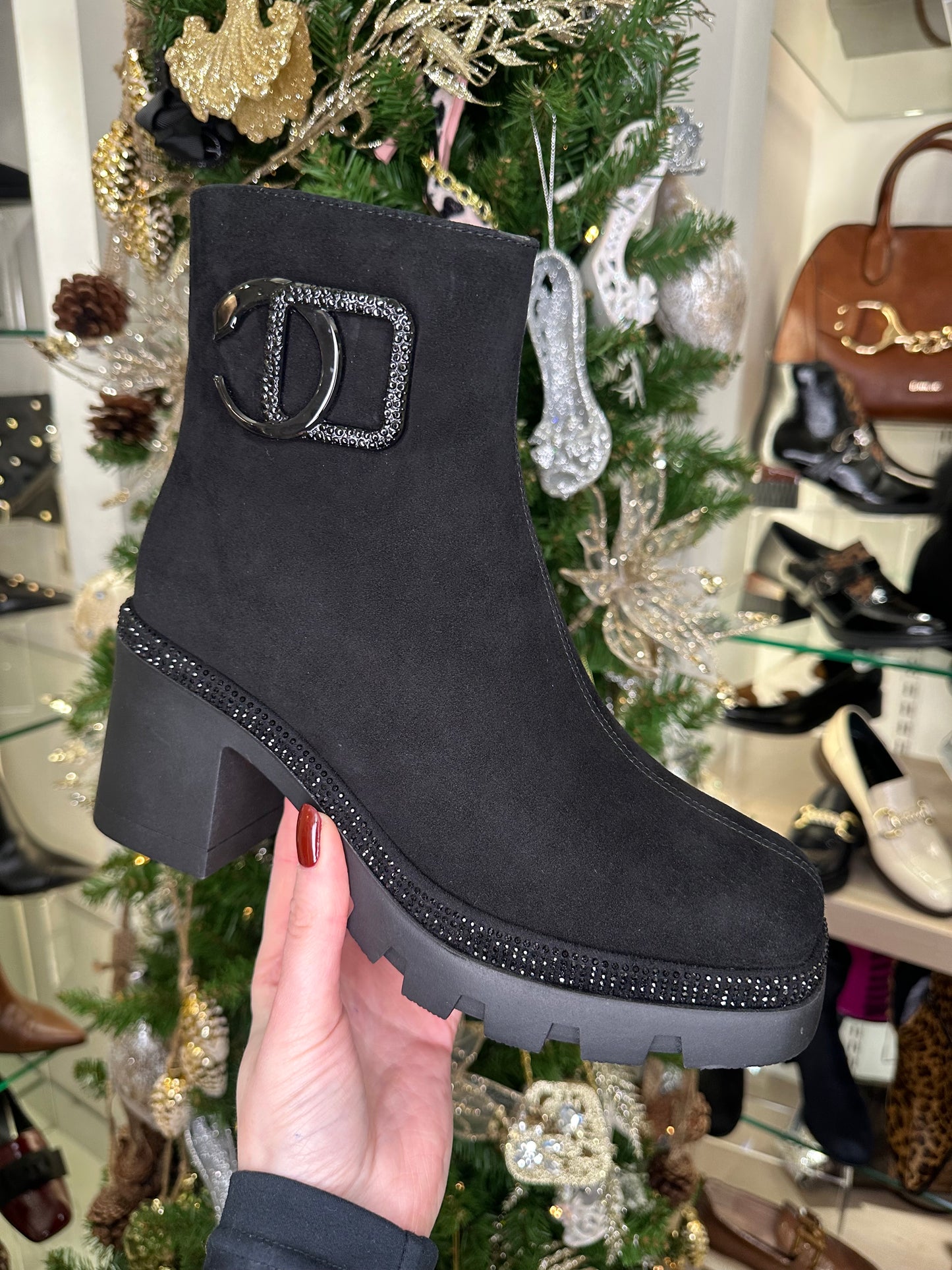 Loretta Vitale -  Black Suede Block Heel Square Toe Boot With Diamante Trim