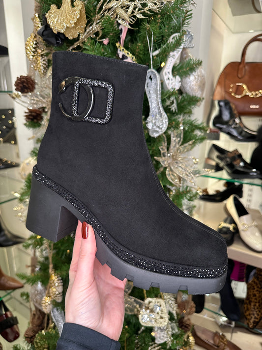 Loretta Vitale -  Black Suede Block Heel Square Toe Boot With Diamante Trim