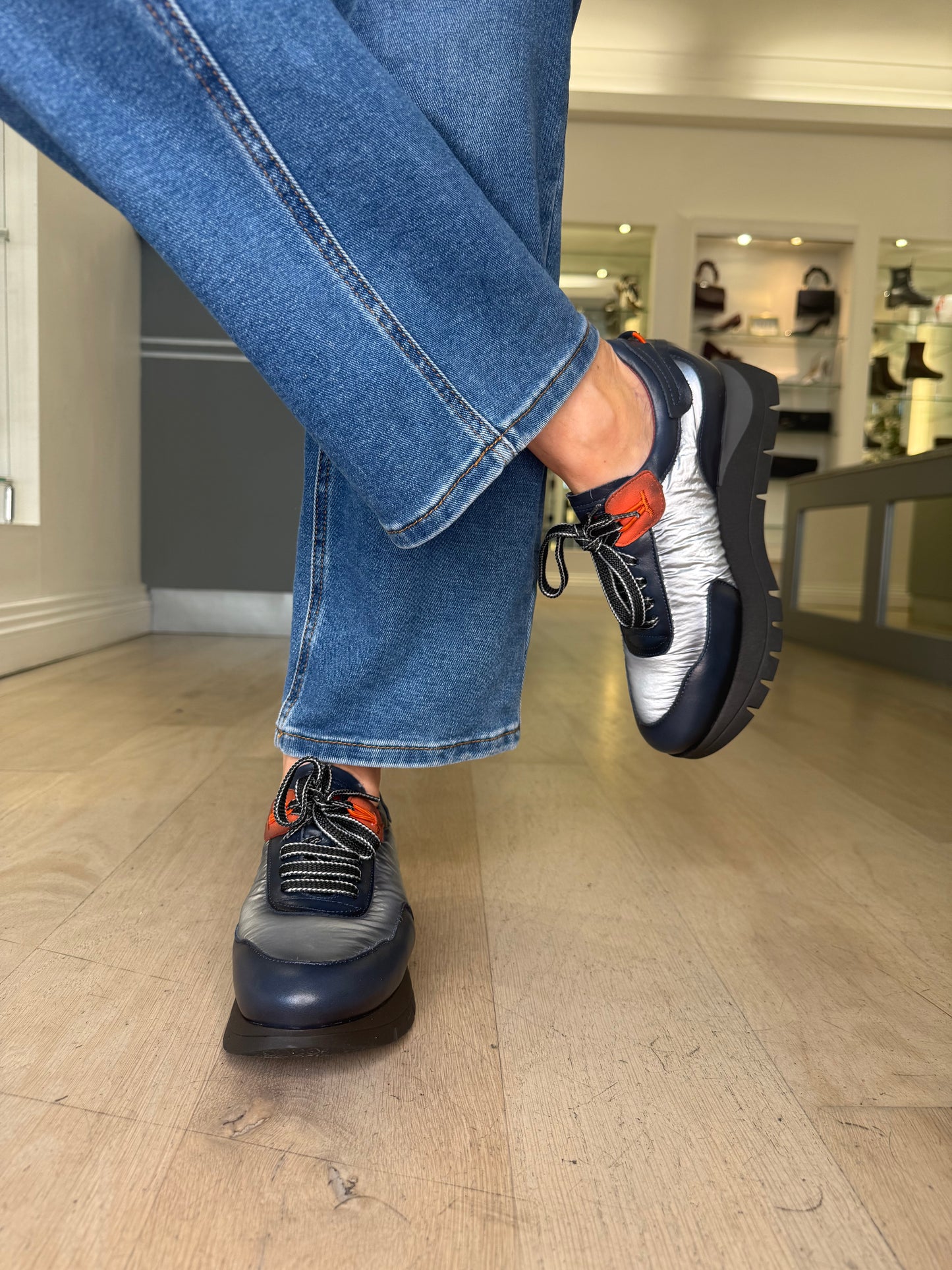 Jose Saenz - Dark Navy Leather Trainer With Metallic Silver Cushioned Fabric & Orange Trim