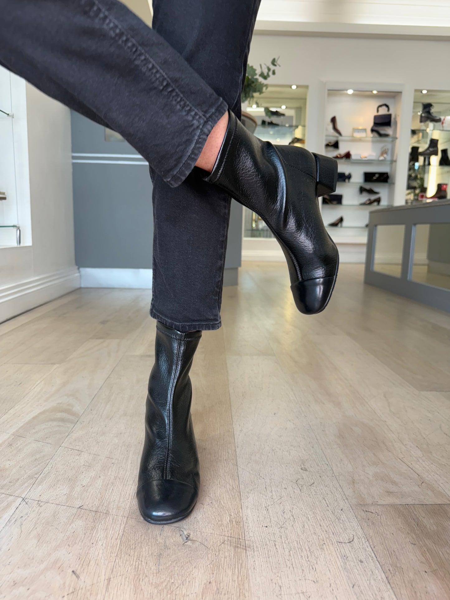 Miss Elastic - Black Stretch Leather Sock Boot With Medium Heel