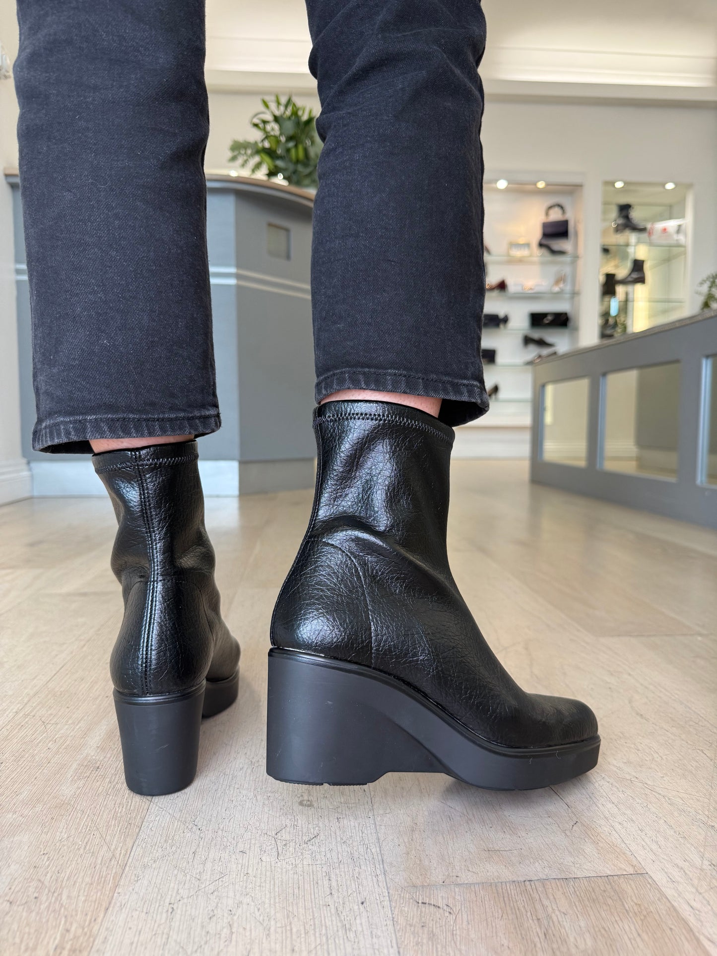 Miss Elastic - Black Leather Stretch Sock Wedge Boot