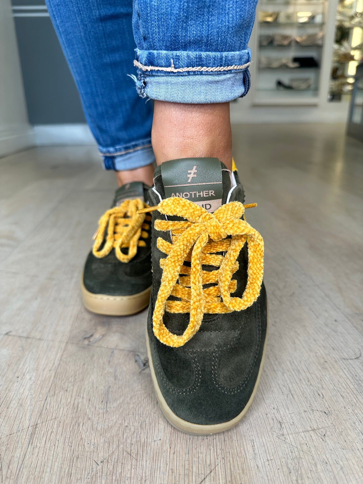 Another Trend (Alpe) - Khaki Green Suede/ Yellow Trim Trainer