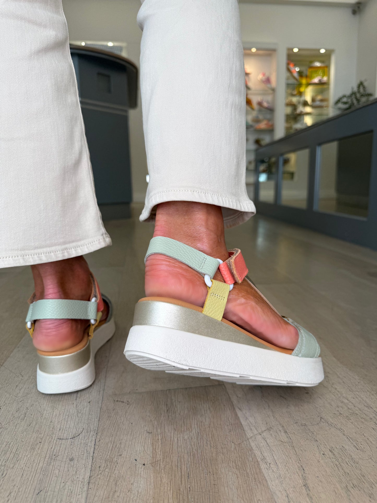 Oh My Sandals - Multi Coloured Medium Wedge Sandal With Gold Trim