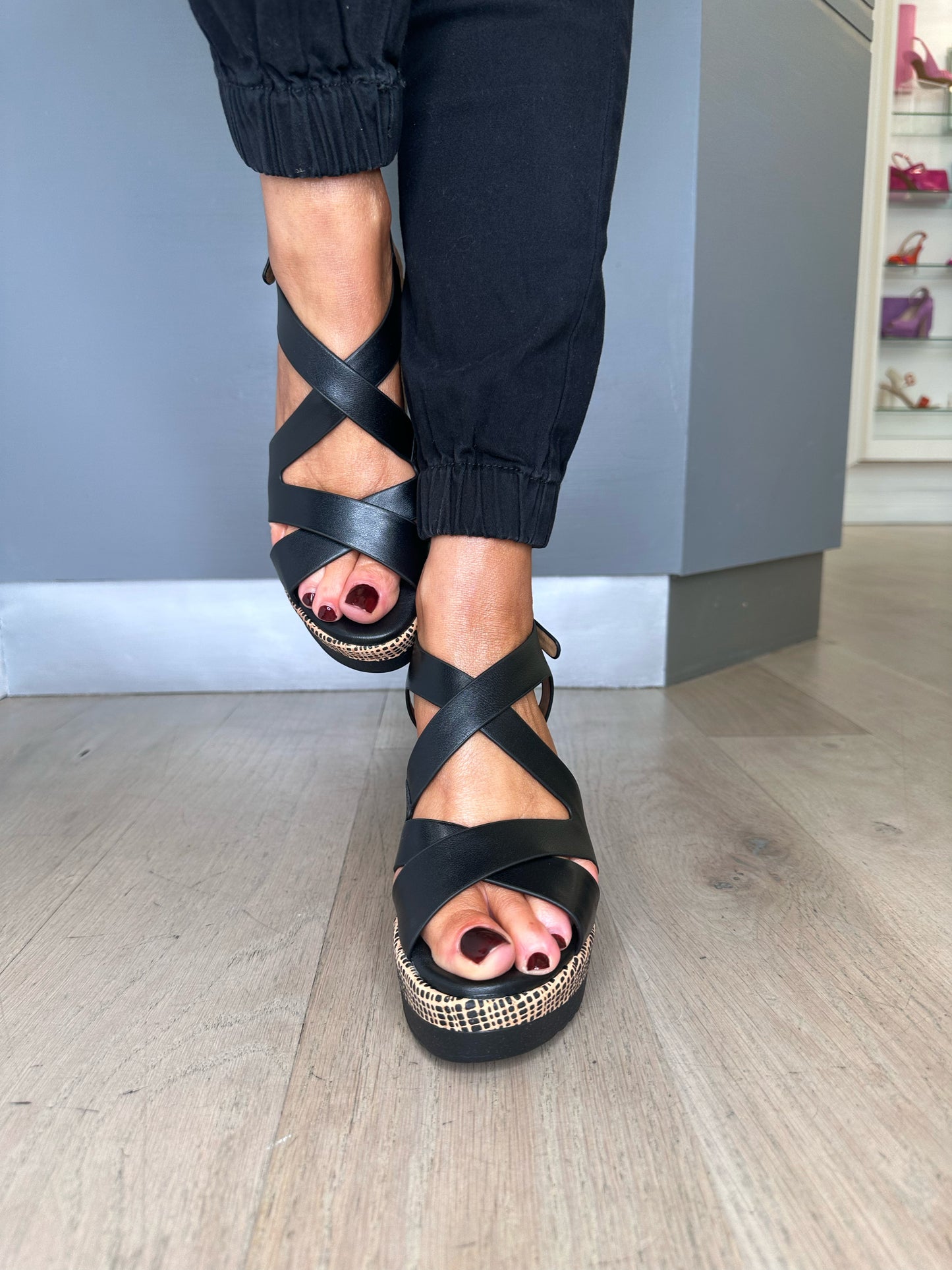 Repo - Black Strappy Wedge Sandal