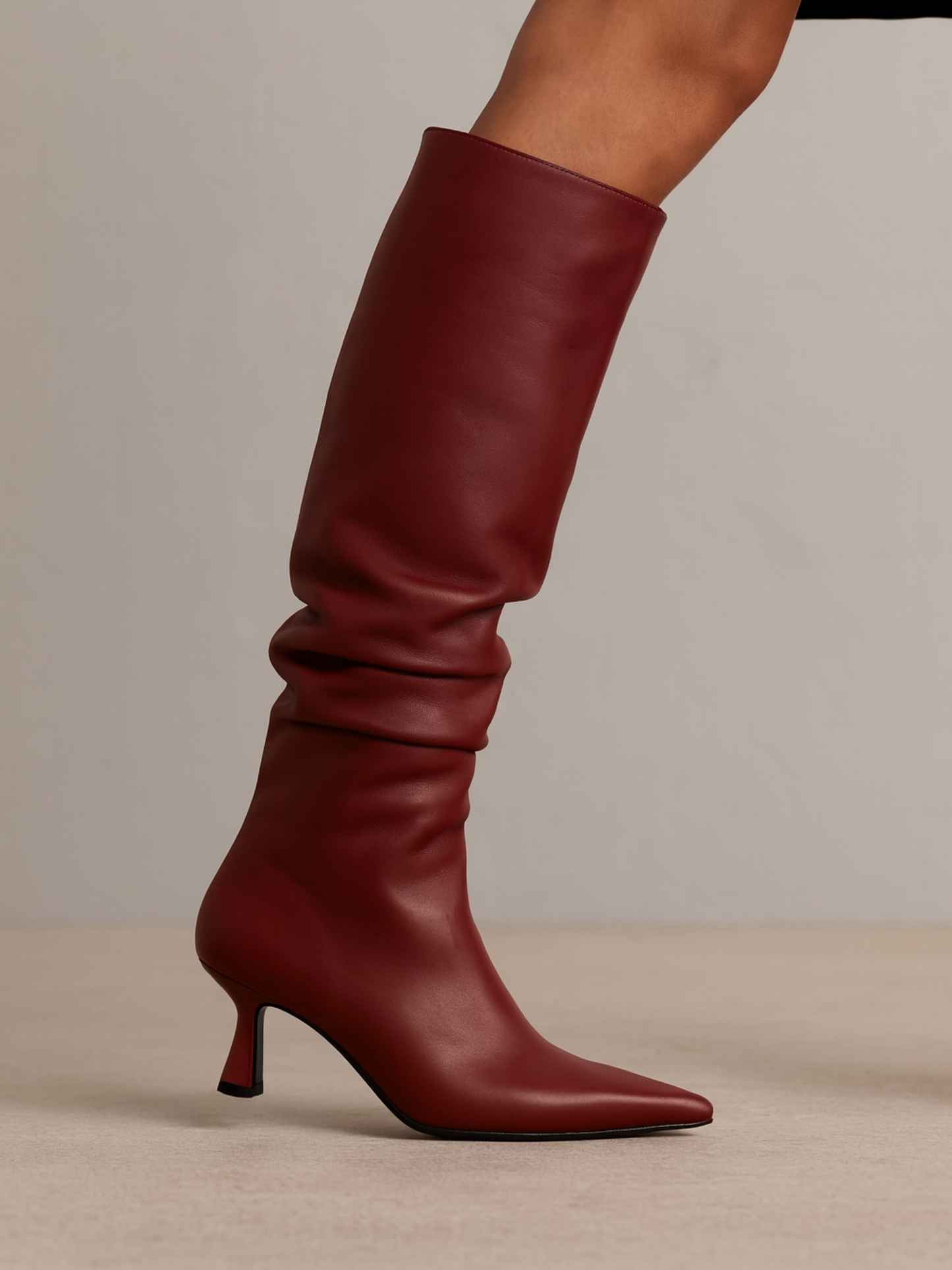 Marian - Long Bordoeaux Leather Ruched Boot