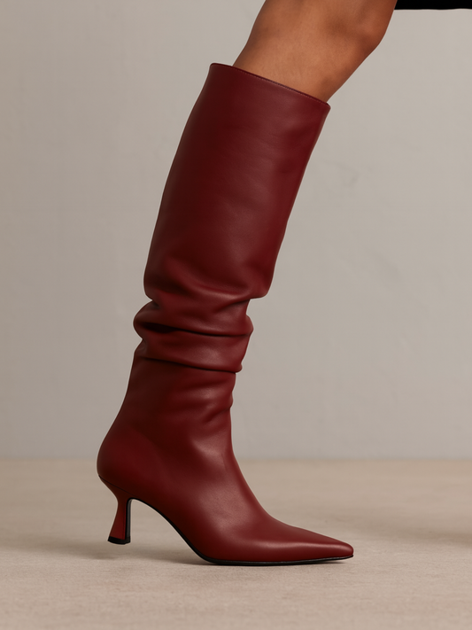 Marian - Long Bordoeaux Leather Ruched Boot