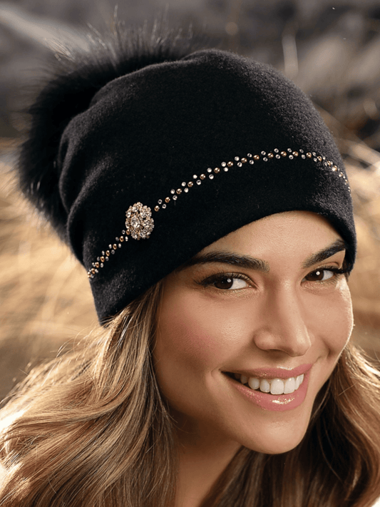 Willi Hat - Pesta Black Wool Pom Pom Hat With Diamante & Stone Trim