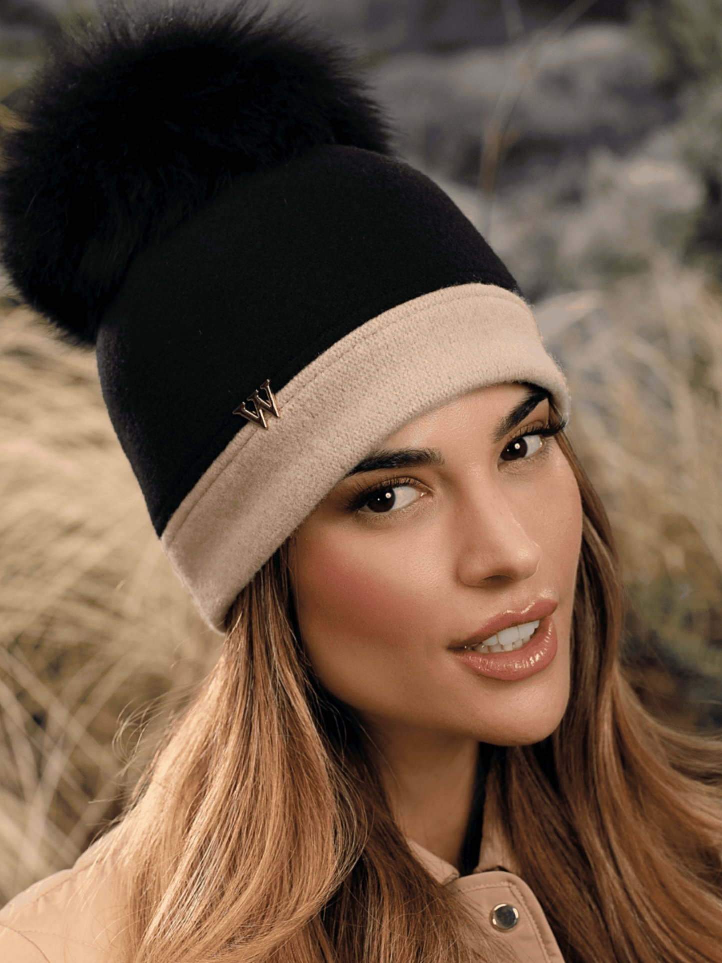 Willi Hat - Erisa Black Wool Pom Pom Hat With Camel Trim