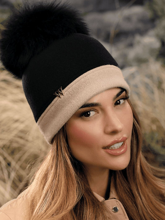 Willi Hat - Erisa Black Wool Pom Pom Hat With Camel Trim