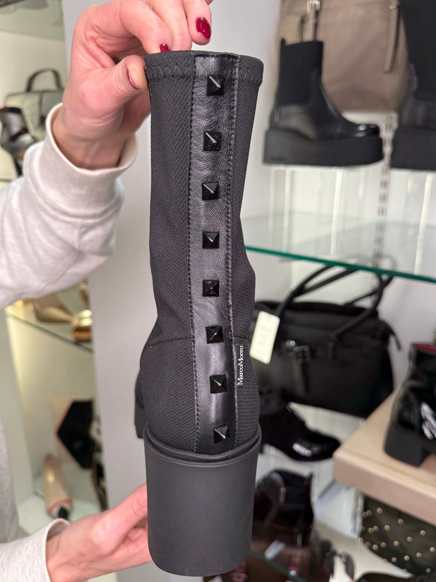 Marco Moreo - Black Fabric Wedge Boot With Stud Trim