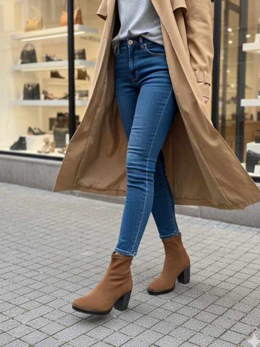 Miss Elastic - Tan Suede Block Heel Ankle Boot