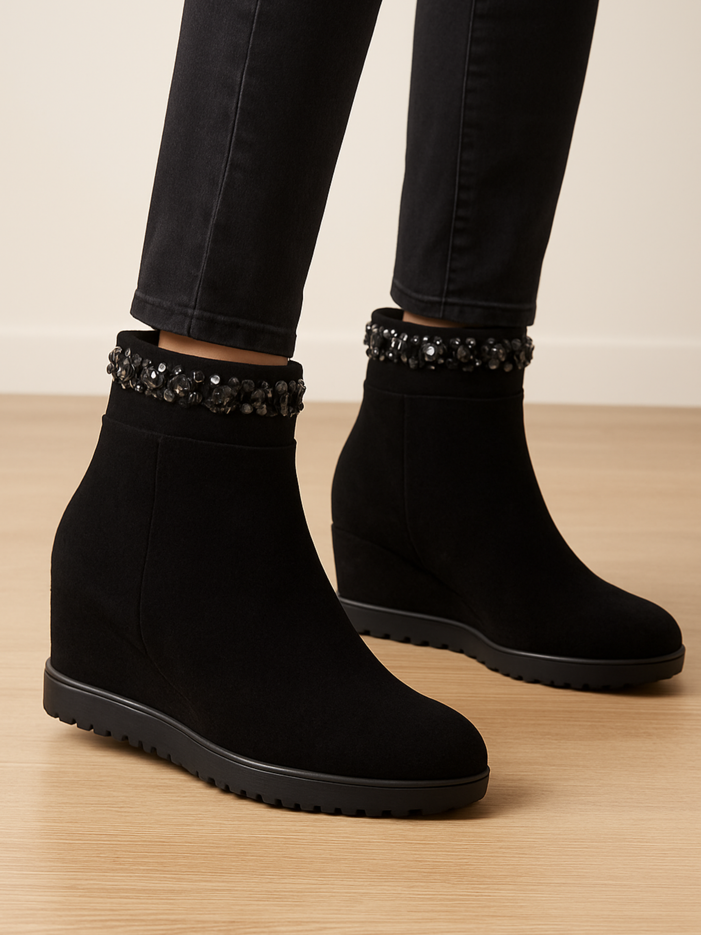 Loretta Vitale -  Black Suede Wedge Boot With Jewel Trim