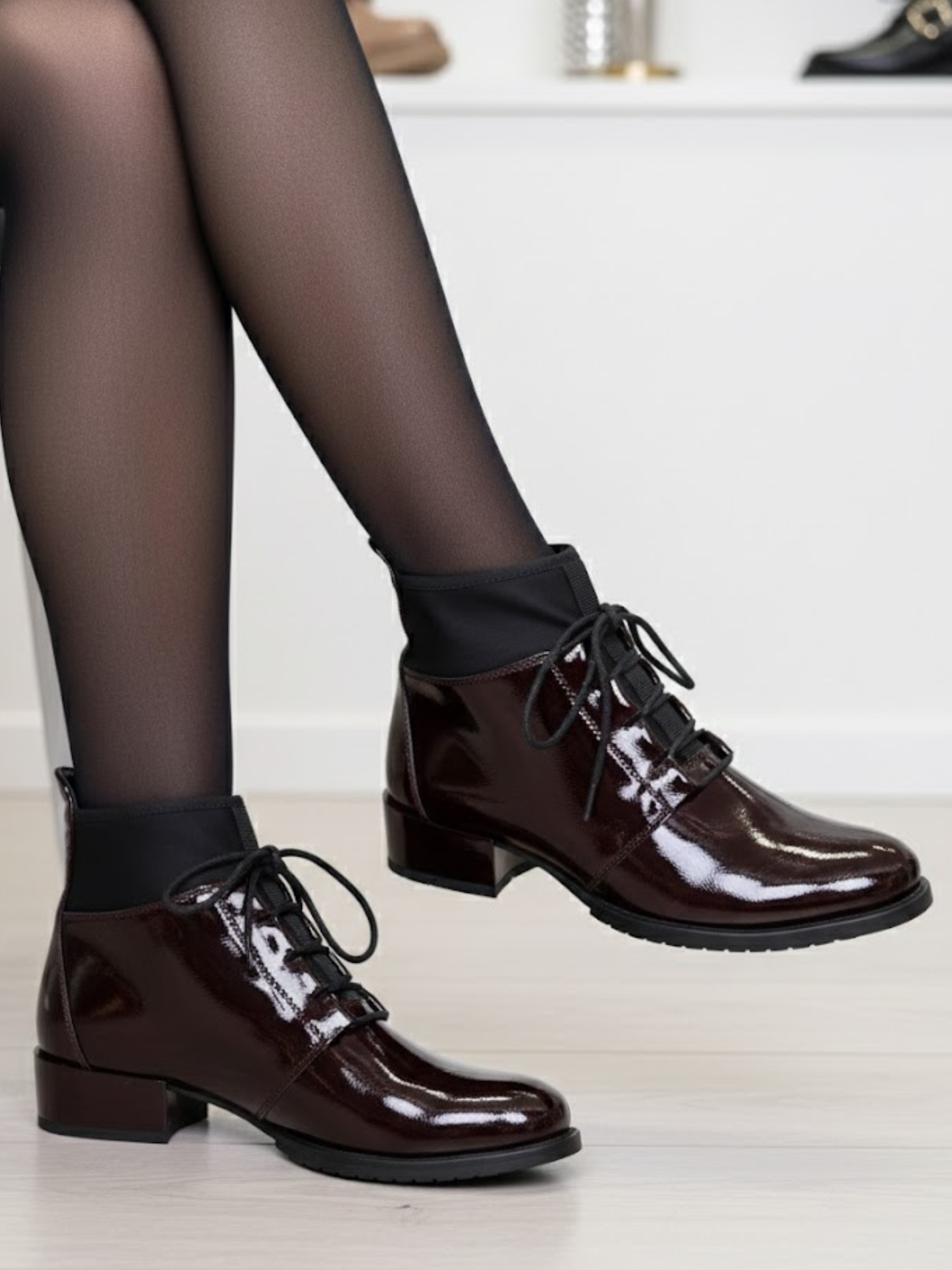 Loretta Vitale - Rich Burgundy Patent & Black Fabric Lace Up Boot