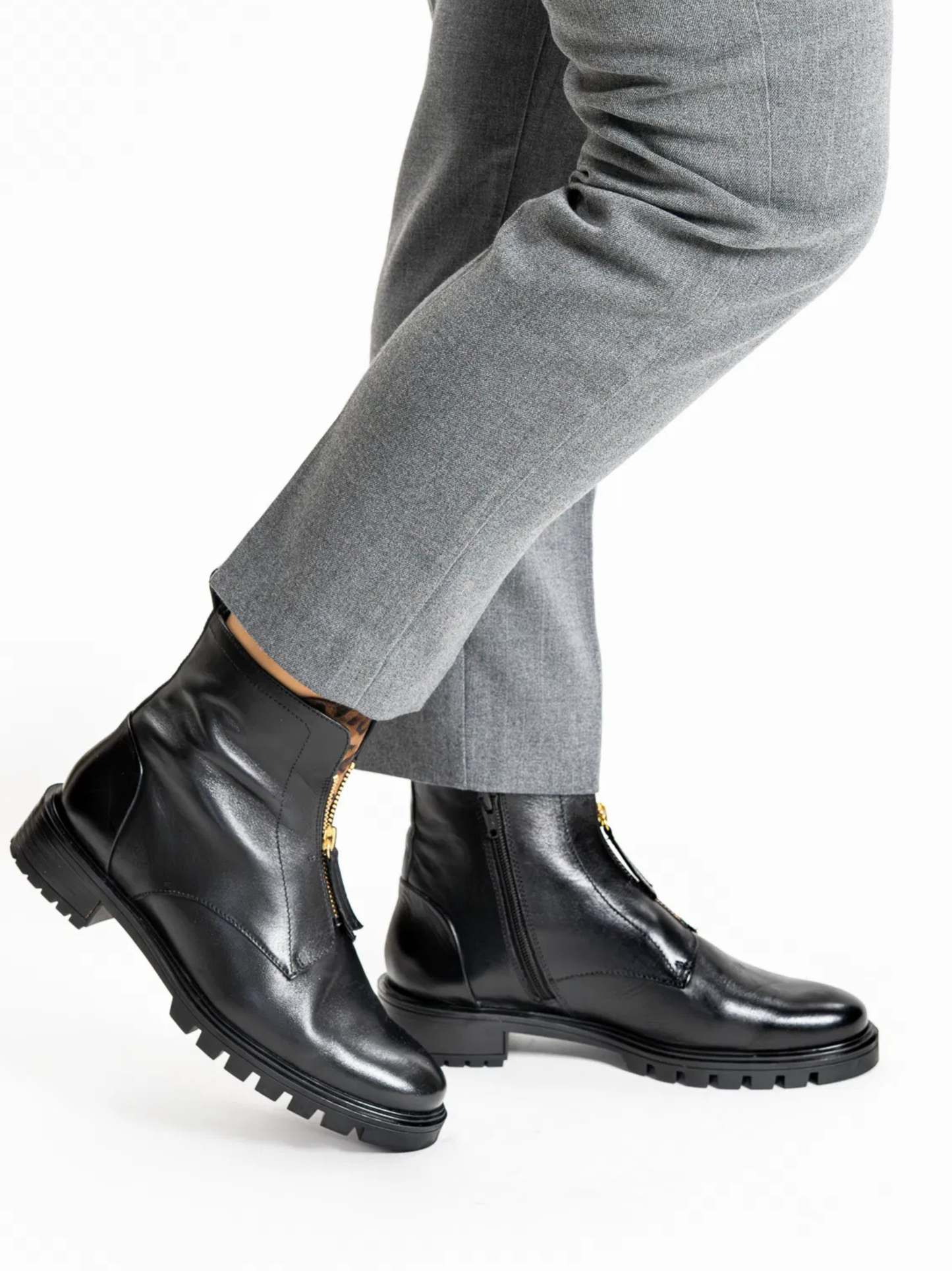 Ara -  Black Leather Boot With Leopard Print Trim