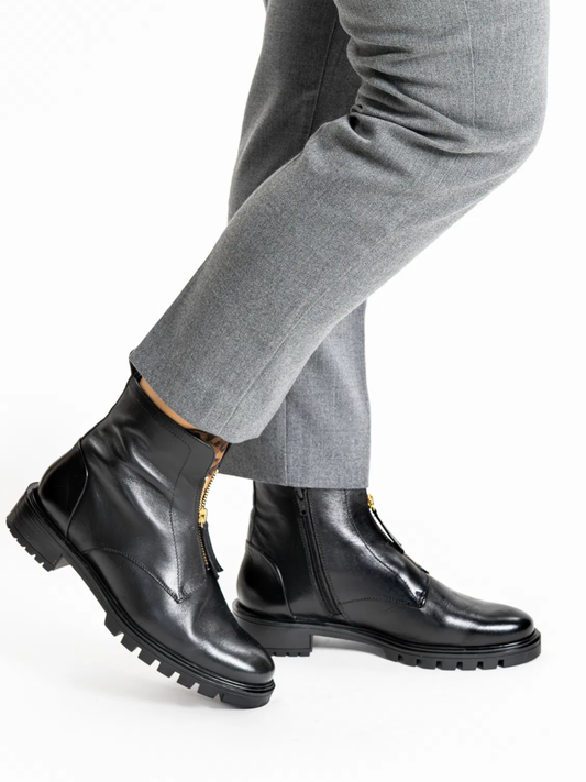 Ara -  Black Leather Boot With Leopard Print Trim