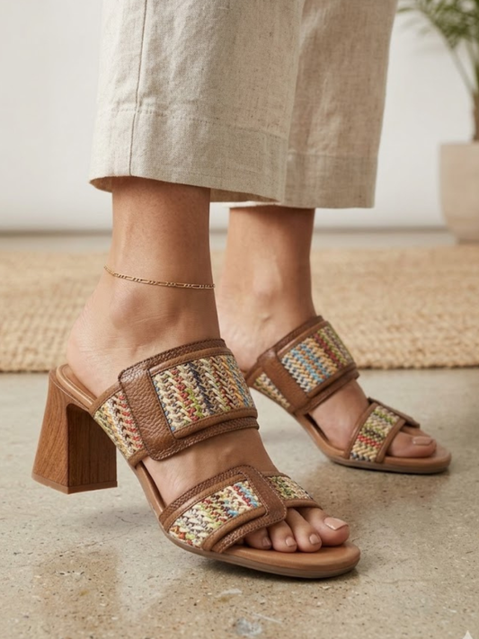 Hispanitas - Double Strap Multi Raffia Block Heel Sandal