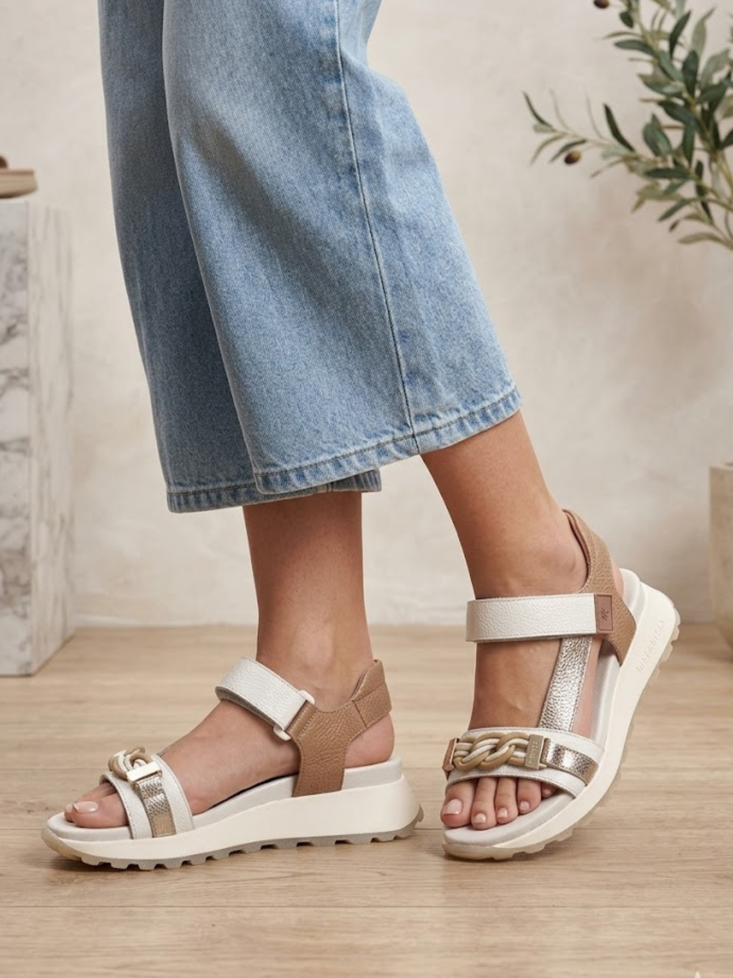 Hispanitas - White Velcro Chunky Sandal With Almond and Metallic Trim