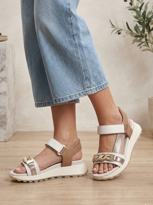 Hispanitas - White Velcro Chunky Sandal With Almond and Metallic Trim