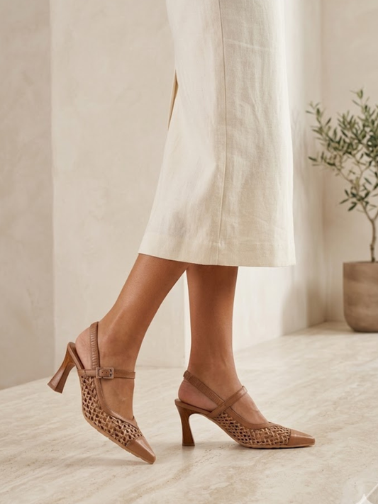 Hispanitas - Tan Pointy Toe Mary Jane Raffia Slingback Heels