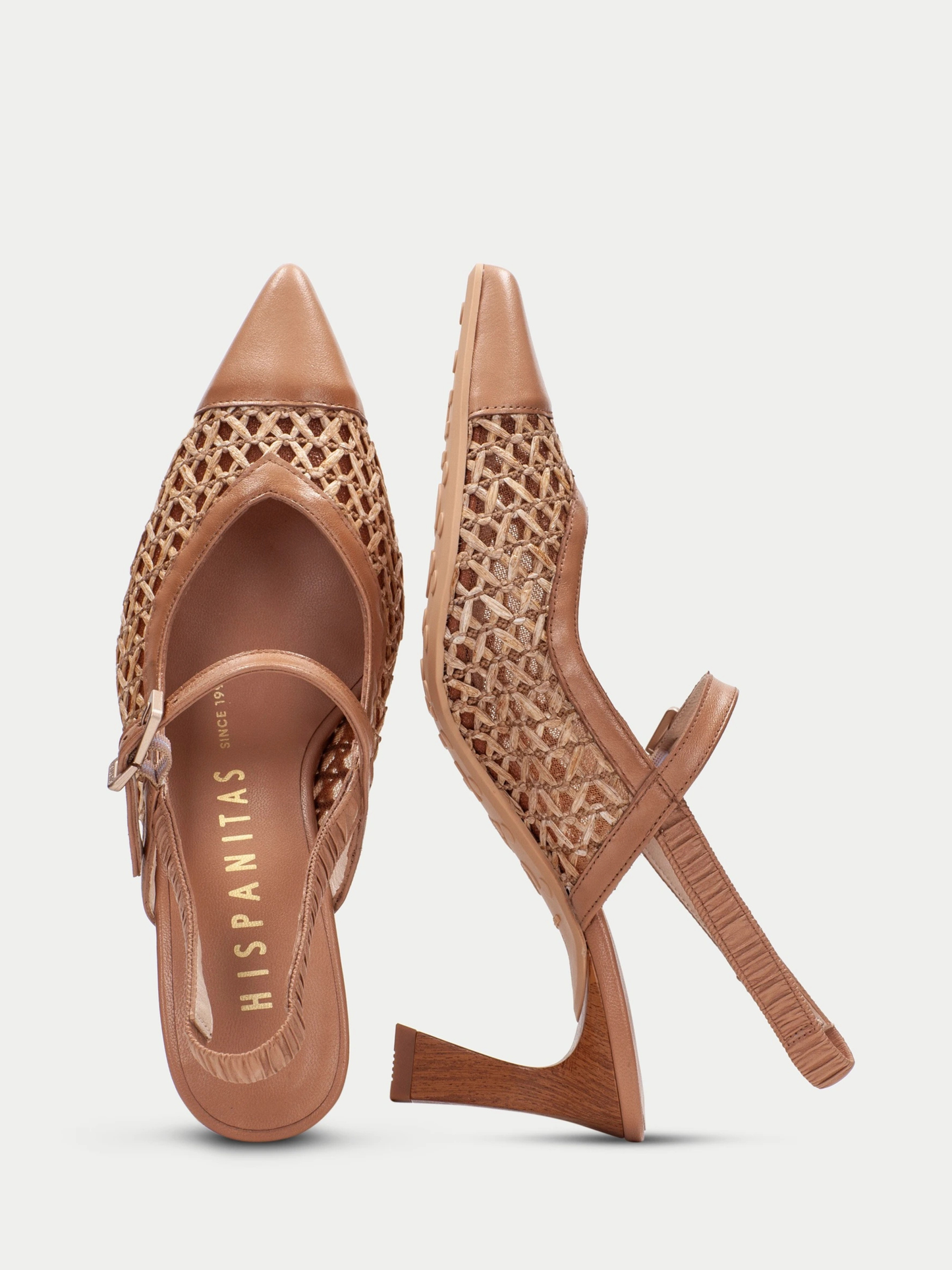 Hispanitas - Tan Pointy Toe Mary Jane Raffia Slingback Heels