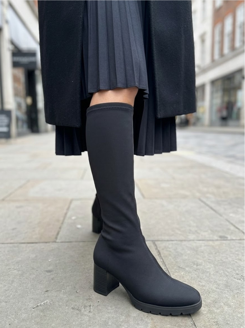 Miss Elastic - Long Pull On Black Stretch Sock Boot With Block Heel & Platform Sole