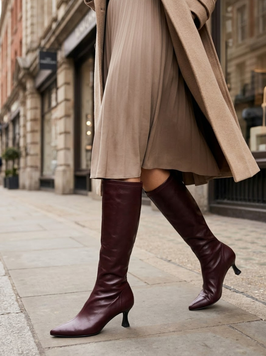 Miss Elastic - Long Pull On Wine Stretch Leather Pointy Toe Sock Boot