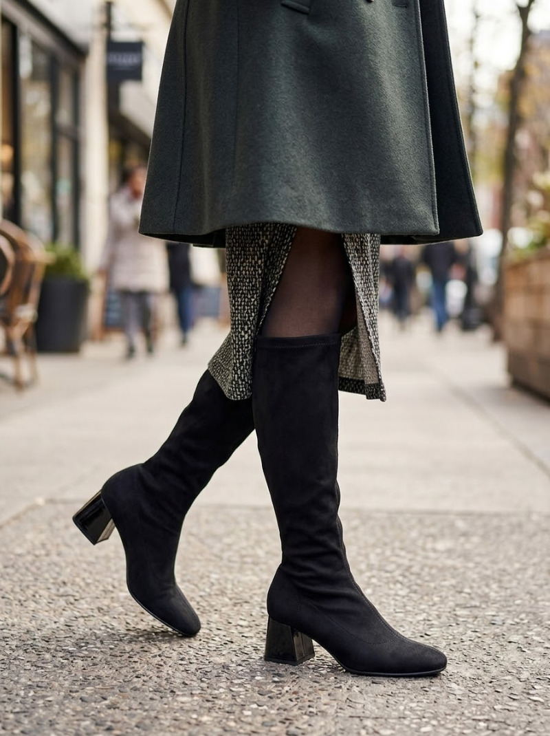 Miss Elastic - Long Black Suede Stretch Fabric Block Heel Boot