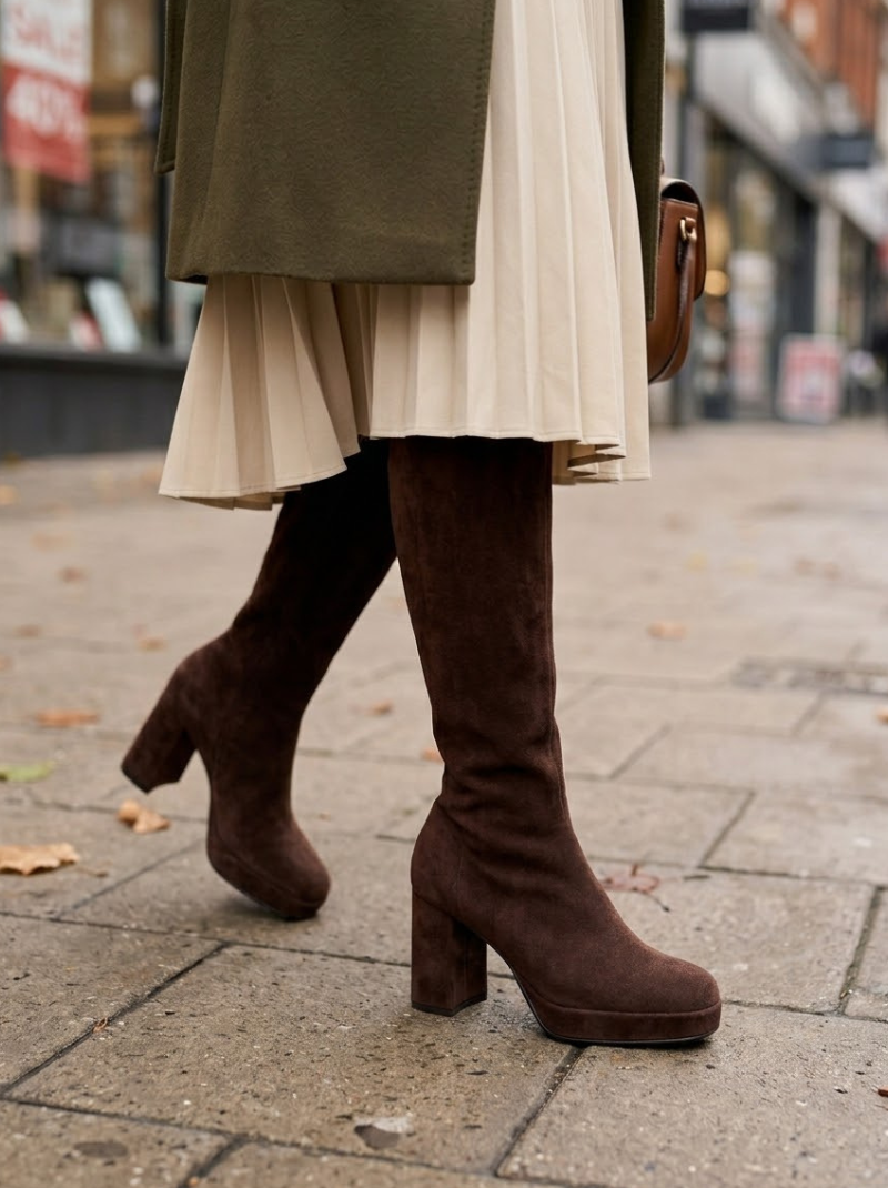 Miss Elastic - Long Pull On Chocolate Brown Suede Sock Boot With Block Heel & Platform Sole