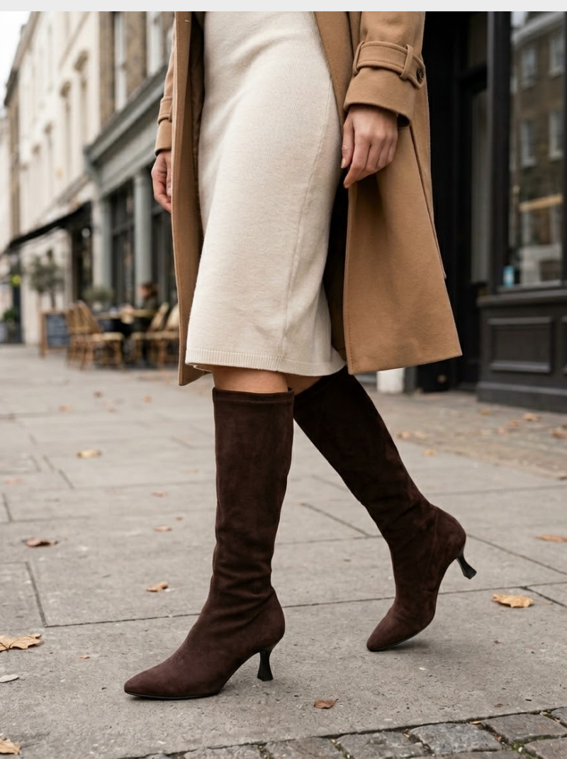 Miss Elastic - Long Pull On Chocolate Brown Stretch Suede Sock Pointed Toe Boot