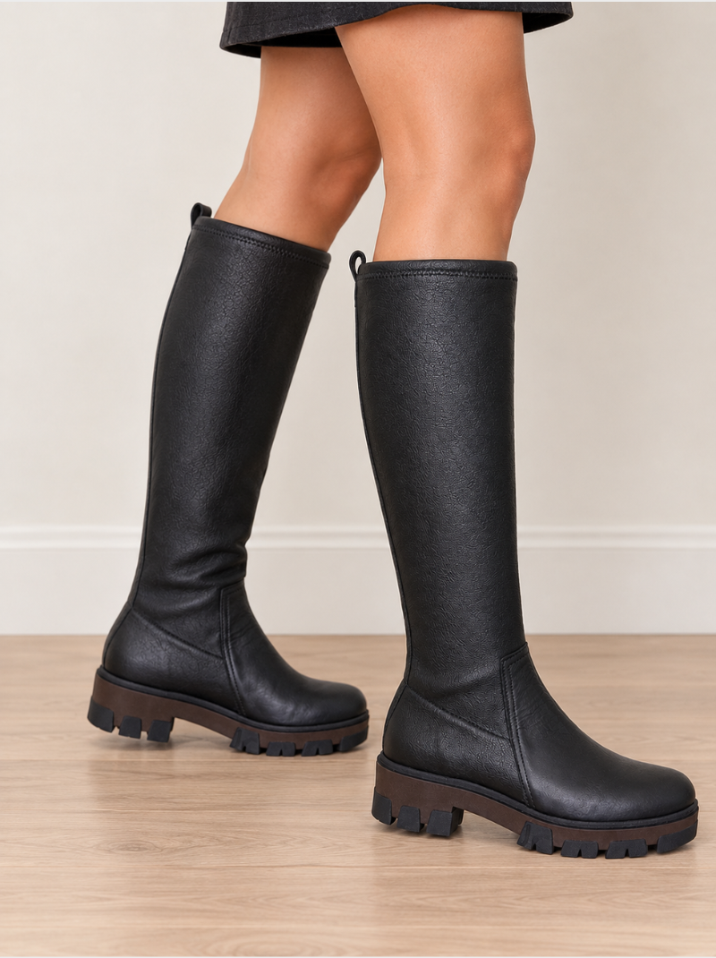 Jose Saenz -Long Black Stretch Leather Chunky Sole Boot