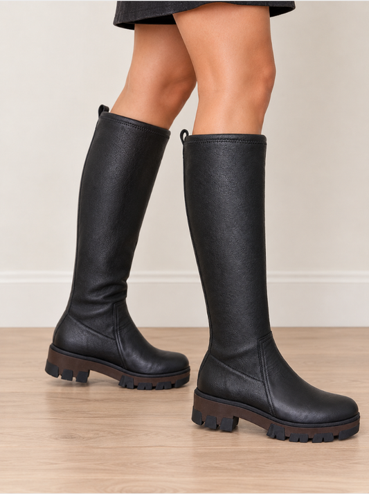 Jose Saenz -Long Black Stretch Leather Chunky Sole Boot