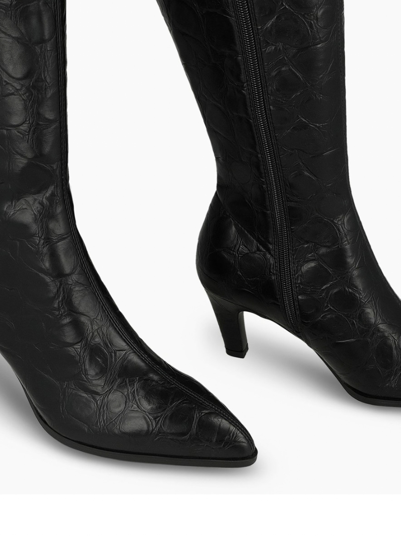 Lodi - Black Leather Matt Croc Long Stretch Boot