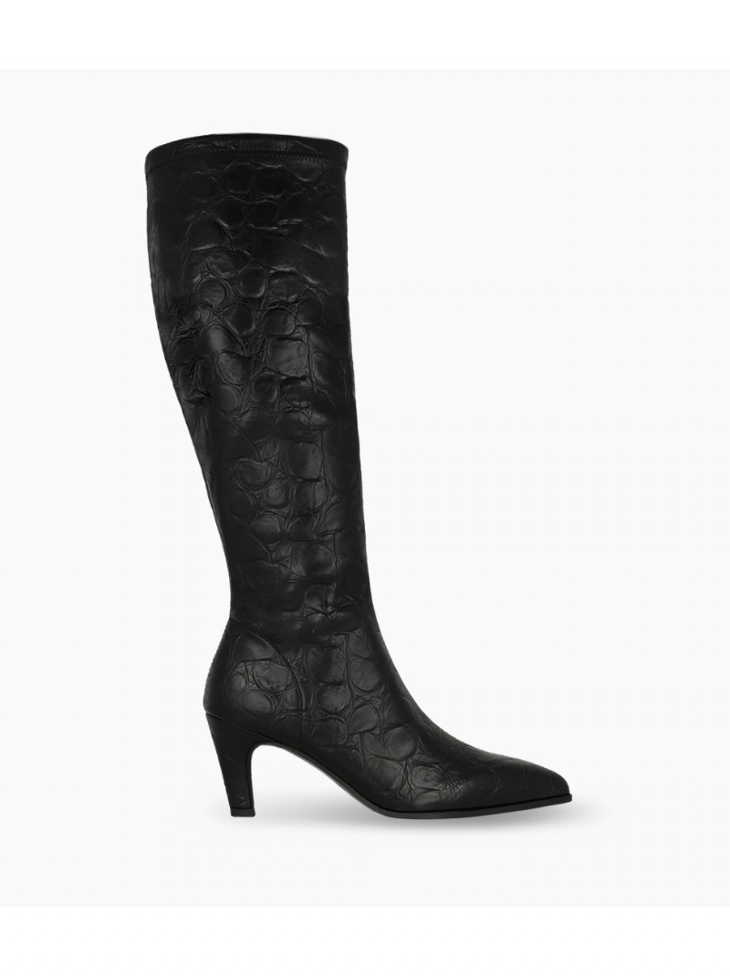 Lodi - Black Leather Matt Croc Long Stretch Boot