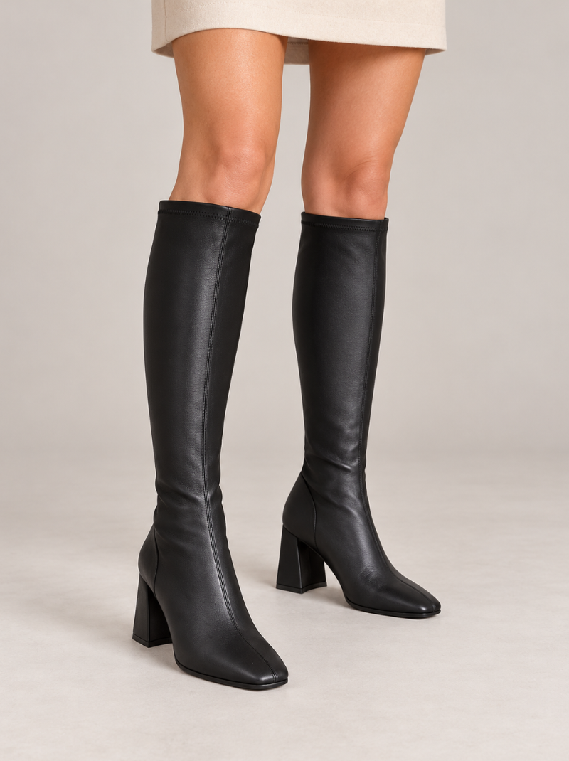 Pedro Anton - Black Long Leather Stretch Block Heel Boot