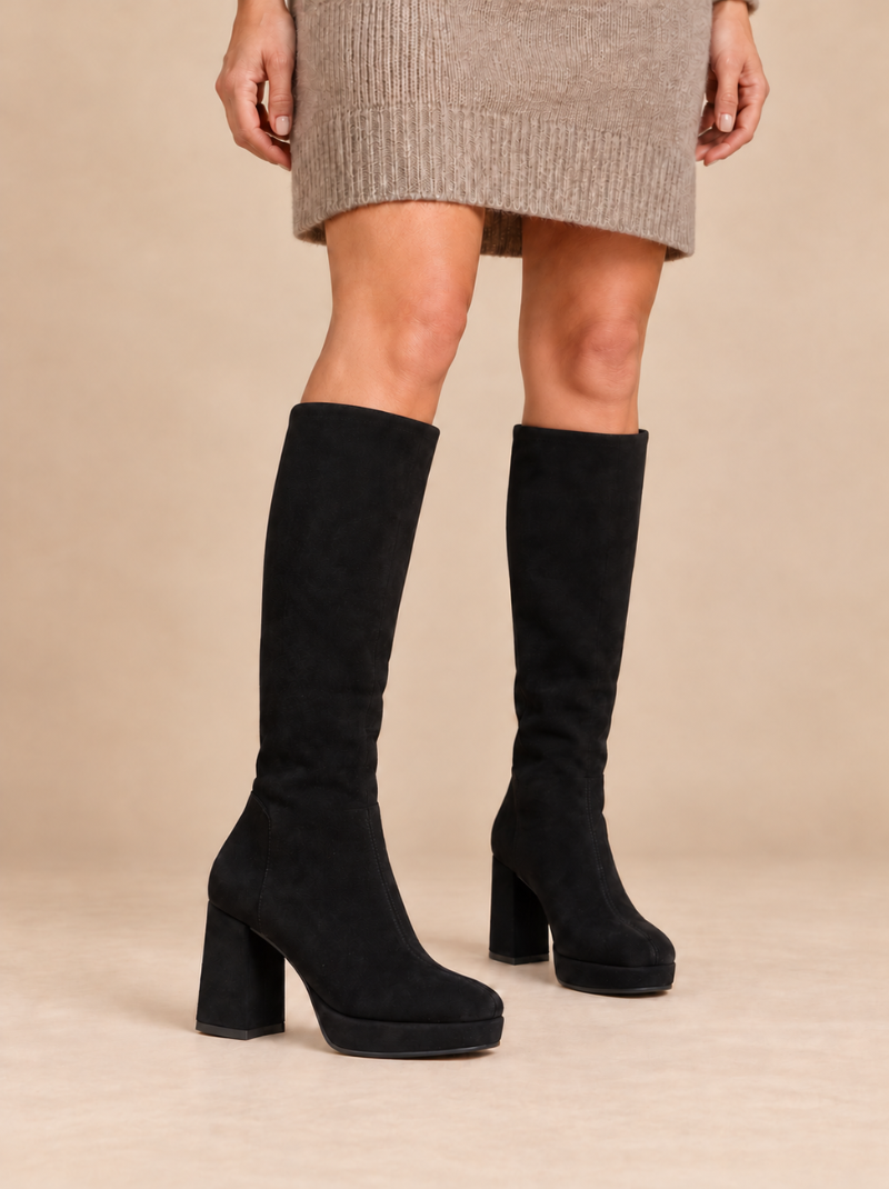 Miss Elastic - Long Pull On Black Suede Sock Boot With Block Heel & Platform Sole (Copy)