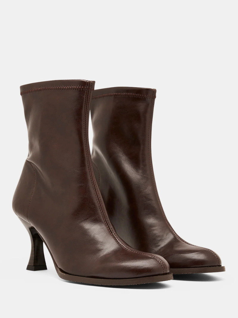 Miss Elastic - Rich Chocolate Brown Round Toe Stretch Leather Pull On Boot