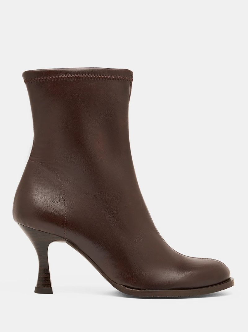 Miss Elastic - Rich Chocolate Brown Round Toe Stretch Leather Pull On Boot