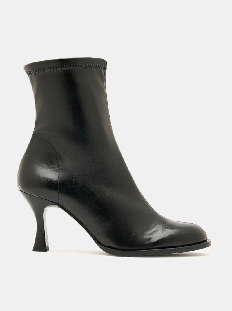 Miss Elastic - Black Round Toe Stretch Leather Pull On Boot